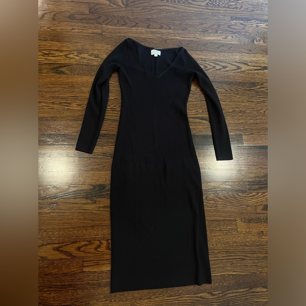 J Crew Collection Black stretch ribbed knit v-neck long sleeve midi dress